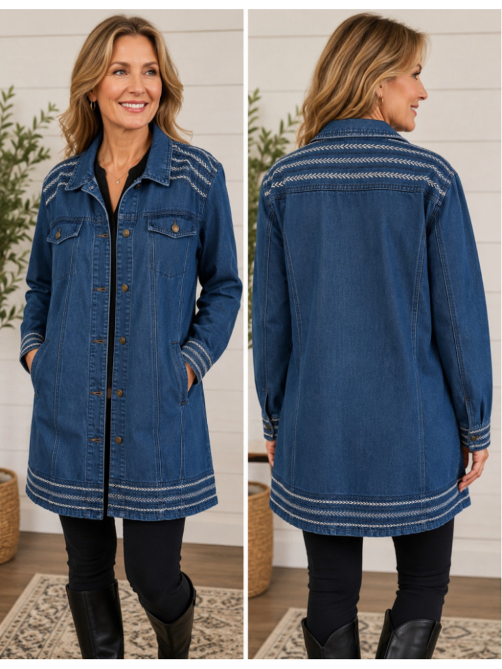 Women's Jessica London Embroidered Jean Jacket Plus 26W Blue White